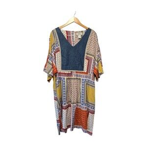 The Vermont Country Store Dress 2X White Blue Midi V-Neck Patchwork Pockets BOHO